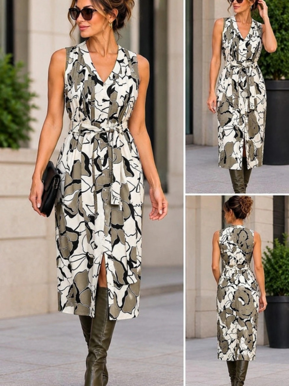 NWT Nine West Sz Medium Modern Abstract Floral Belted Button Front Midi Dress